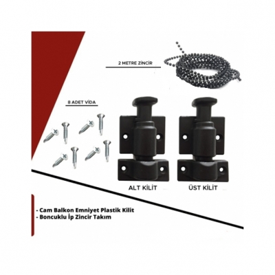 Cam Balkon Emniyet Plastik Kilit - Boncuklu İp Zincir Takım Seti